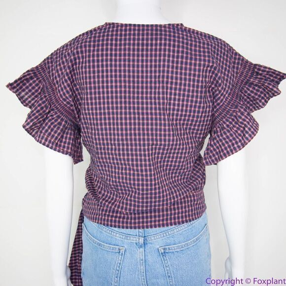 NEW Madewell Flutter-Sleeve Side-Tie‎ Wrap Top in Plaid, S - Picture 4 of 14